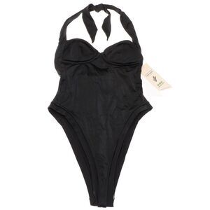 We Are HAH Pull Thru 1 PC Swimsuit Size S Noir Black High Cut Halter Rouched